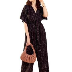 KASSUALLY jumpsuits for women Black Polka Dots V-Neck Front Knotting Jumpsuit