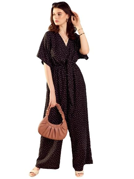 KASSUALLY jumpsuits for women Black Polka Dots V-Neck Front Knotting Jumpsuit