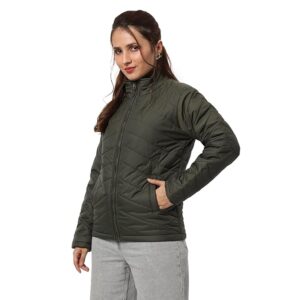 Campus Sutra Women's Puffer Regular Fit Bomber Jacket For Winter Wear | Standing Collar | Full Sleeve | Buttoned | Casual Jacket For Woman & Girl | Western Stylish Jacket For Women