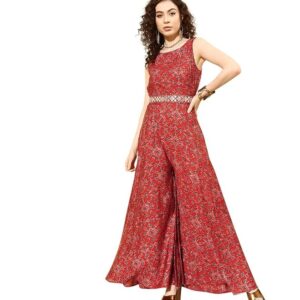 Libas Women's Red Printed Silk Jumpsuit