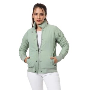 Campus Sutra Women's Pink Puffer Regular Fit Bomber Jacket For Winter Wear | Standing Collar | Full Sleeve | Buttoned | Casual Jacket For Woman & Girl | Western Stylish Jacket For Women