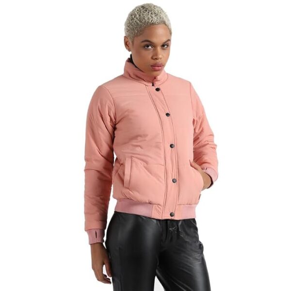 Campus Sutra Women's Pink Puffer Regular Fit Bomber Jacket For Winter Wear | Standing Collar | Full Sleeve | Buttoned | Casual Jacket For Woman & Girl | Western Stylish Jacket For Women